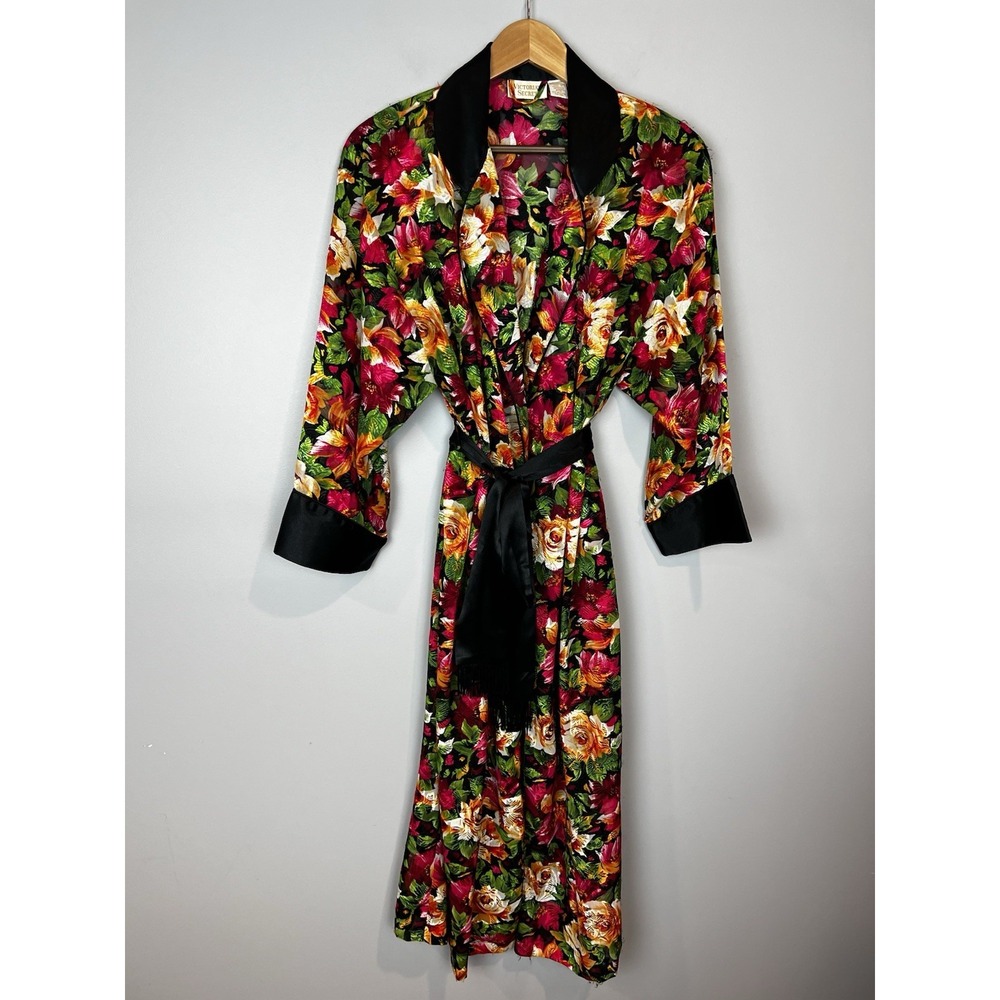Victoria's Secret Gold Label Floral Robe Size Small Black Trim Fringed Belt Vtg